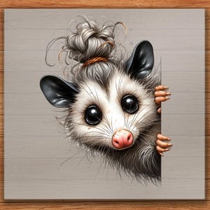 Messy Hair Opossum DTF Transfer, Cute Animal Peeking Out, Ready to Press Funny Shirt Design, Whimsical Look for DIY Animal Prints