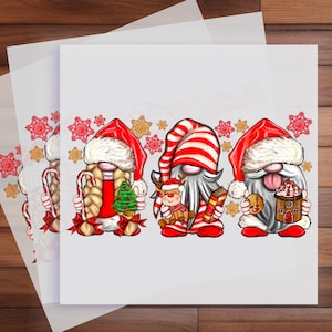 Festive Christmas Gnomes Iron-On Transfer - Holiday Cheer T-Shirt Decoration - Whimsical Apparel Design for Family Celebrations