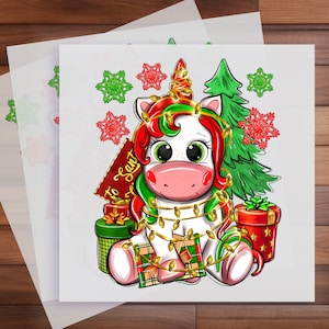 Magical Christmas Unicorn Iron-On Transfer - Whimsical Holiday Decal for T-Shirts - Fantasy Christmas Apparel Design