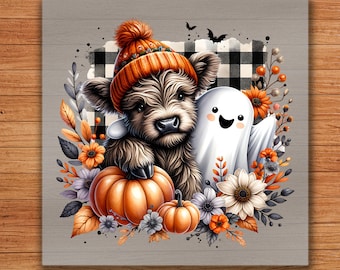 Fall Highland Cow Ghost DTF Transfer, Autumn Iron-On Decal