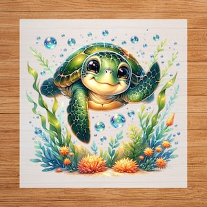 May include: A green sea turtle with a cute expression swims through a field of bubbles and seaweed. The turtle has a light brown shell and a light green body. The background is a light blue with white bubbles.