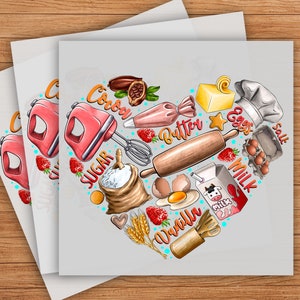 May include: A heart-shaped illustration of baking ingredients, including a red mixer, a rolling pin, a bag of sugar, a carton of milk, eggs, vanilla, butter, cocoa, and salt. The illustration is on a light blue background.
