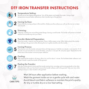 May include: A colorful infographic with seven steps for using a DTF iron transfer. The steps are numbered 1 through 7 and include instructions for temperature setting, ironing surface, trimming, transfer material preparation, ironing process, cooling, and peeling the transfer. The infographic also includes care tips for the garment after the transfer has been applied.