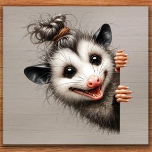 Cartoon Opossum DTF Transfer, Big Eyed Animal with Stylish Hair Bun, Ready to Press, DIY Shirt Idea for Animal Lovers and Creators