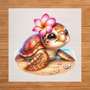 May include: A cartoon illustration of a baby sea turtle with a pink and yellow flower on its head. The turtle is on a sandy beach with small flowers and a glimpse of the ocean in the background. The turtle has a brown shell and is smiling.