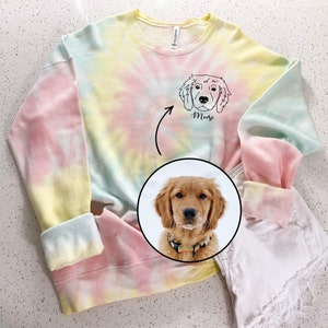 Custom Pet Face Personalized Tie Dyed Long Sleeve Crew Neck Sweatshirt - Hand Drawn Customized from Pictures
