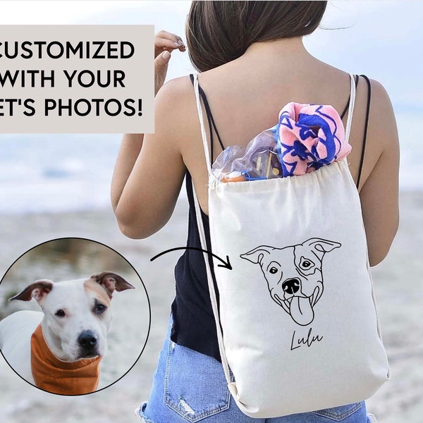 Custom Pet Face Personalized Canvas Draw String Backpack Bag- Hand Drawn Customized Line Art Dog Bag, Dog Tote, Cat Bag, Cat Tote, Pet