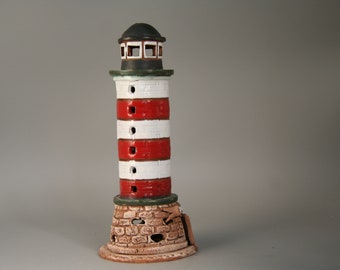 Sammlerstück Handgemachter Keramik Leuchtturm | Handbemalter Kerzenhalter Leuchtturm| Garten Dekoration