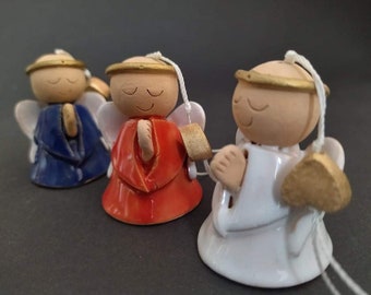 3 Miniature Ceramic Angel Bell Ornament| Christmas Tree Angel Ornament| Year Round Garden Ornament