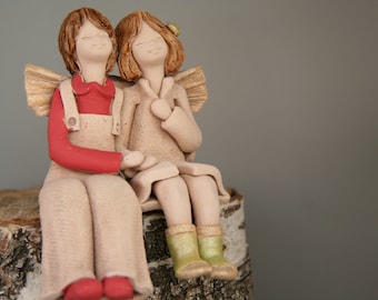 Handmade Collectible Sitting Angels| Handcrafted Angels Couple Figurine|Sitting Angel Statue