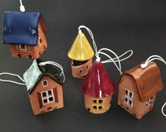 5 Miniature House Bell Set| Handmade Ceramic Bell| Year Roudn Garden Decoration| Home Decor