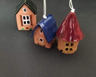 3 Miniature House Bell Set| Handmade Ceramic Bell| Year Round Garden Decoration| Home Decor