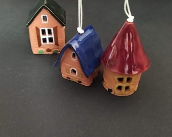 3 Miniature House Bell Set| Handmade Ceramic Bell| Year Round Garden Decoration| Home Decor