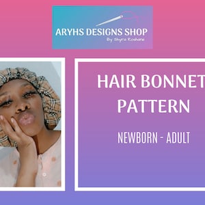May include: A woman wearing a plaid hair bonnet poses for a photo. The image is a product listing for a hair bonnet pattern for newborns to adults. The text on the image reads "HAIR BONNET PATTERN NEWBORN - ADULT".