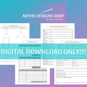 May include: A printable digital download for garment designers. The document includes sections for garment design, material costs, client measurements, and client information. The document is black and white with a gray background.