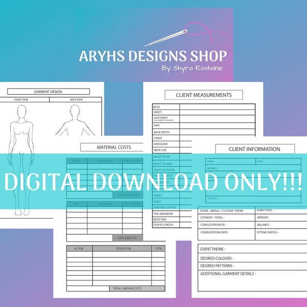 Custom Consultation PDF Pages - Aryhs Designs Shop - Fashion Designer Consultation Pages For Orders/Appointments - Consultations Clients