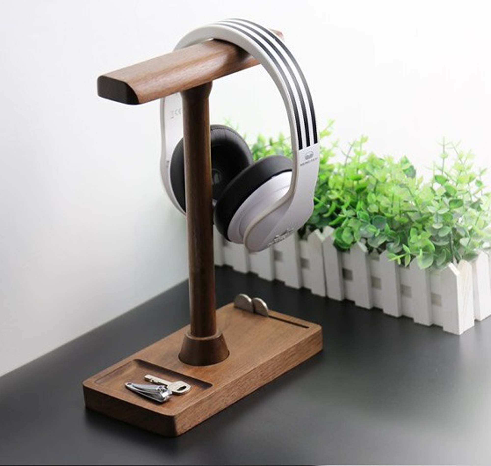 Wooden headphone Stand for Two Headsets Walnut Headphone Etsy