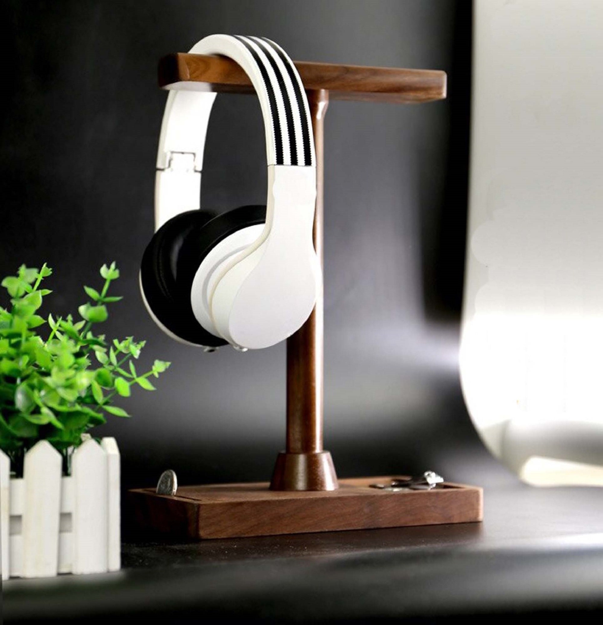 Wooden headphone Stand for Two Headsets Walnut Headphone Etsy