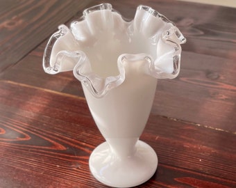 Vintage Fenton Silver Crest White Ruffled Edge Milk Glass Vase Soy wax candle in aroma of your choice