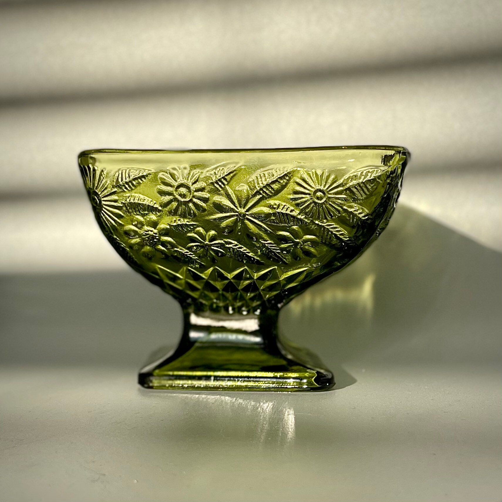 Green daisy pattern depression glass candy pedestal dish in Etsy