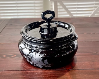 Vintage L.E. Smith Black Amethyst Glass Greek Key Covered Bean Pot poured into a multi-wick soy wax candle in aroma of your choice