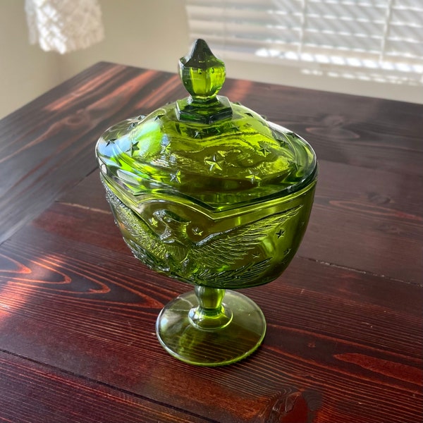 Vintage Green Depression Glass Covered Pedestal Candy Dish with Eagle and Stars double-wick soy wax candle in aroma you select