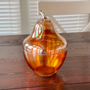 Vintage Jeanette Marigold Carnival Glass Pear Candy Jar Candle