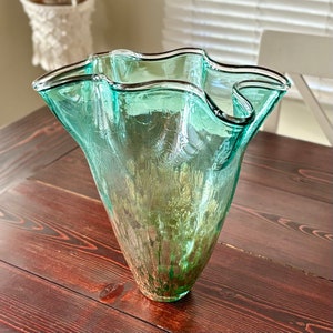 Vintage Teal and Gold Handkerchief Art Glass vase, Murano style