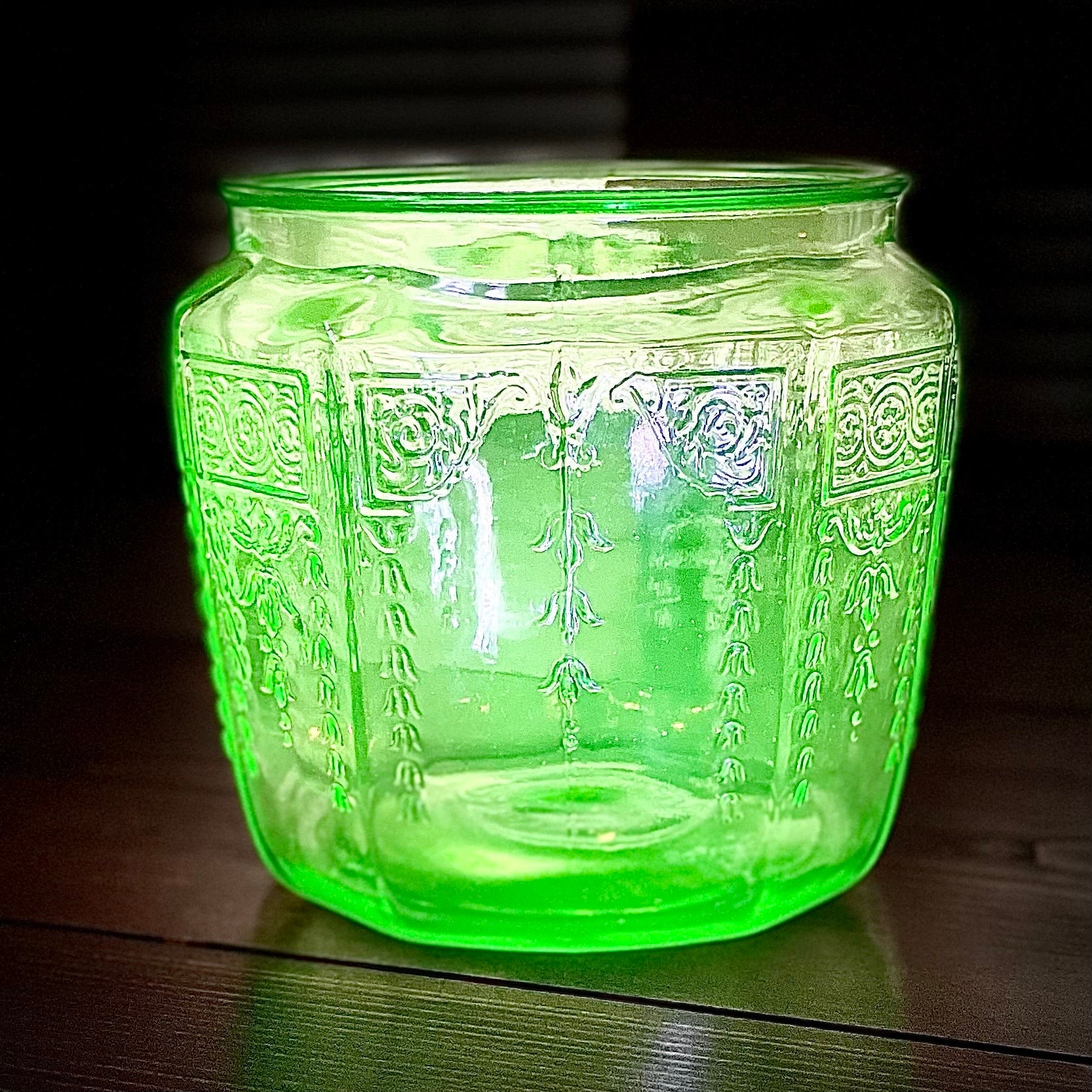 Large Green Depression Glass Ribbed Cookie Jar Canister - Ruby Lane