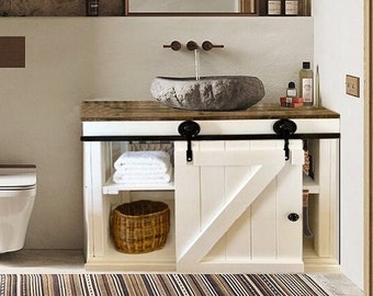 White Farmhouse Modern Rustic Bathroom Vanity with Barn Door.