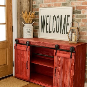 Handmade Barn Red Media Center: Rustic Sliding Barn Door TV Stand