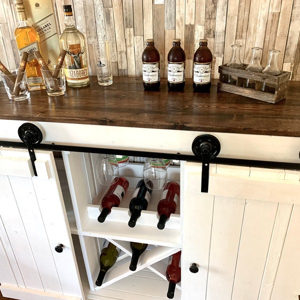 Wine Bar Rustic Modern Wooden Barn Doors TV Stand Console Table Buffet Cabinet Coffee Kitchen Island Farmhouse Center Storage Perfect Gift