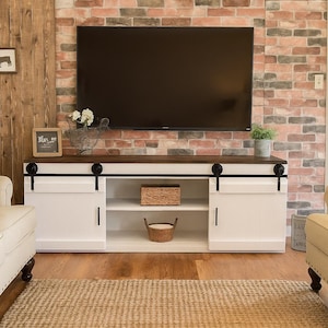 Rustic Modern Barn Doors TV Stand Console Table Buffet Cabinet Coffee Bar Kitchen Island Farmhouse Center Entry Side Storage Perfect Gift