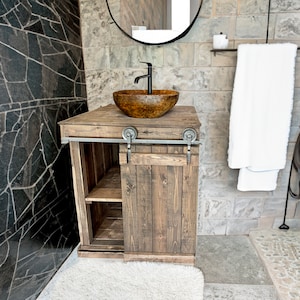 Rustic Bathroom Vanity with One Sliding Barn Door, Remodeling farmhouse Cabin weathered distressed wood