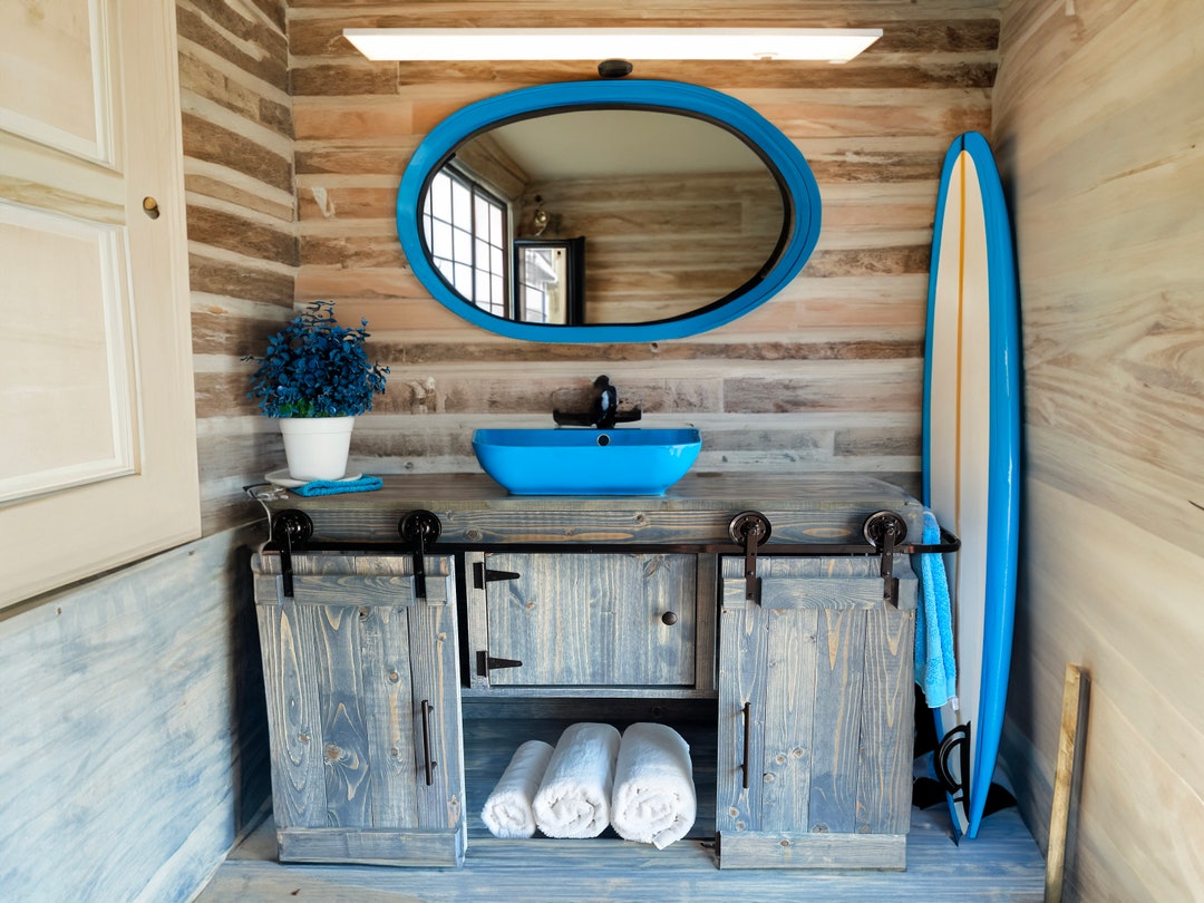 Blue Mid Century Beach Rustic Modern Bathroom Vanity W/barn Doors ...