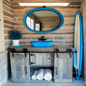 Blue Rustic Bathroom Vanity: Mid Century Modern Barn Door Console