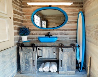 Blue Mid Century Beach Rustic Modern Bathroom Vanity w/Barn Doors Double Sink / Single Sink Farmhouse Rustic Console Wood Storage