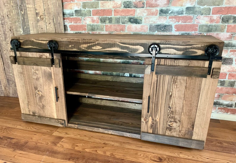 TV Stand Solid Wood Handmade  Minimalist  Drawers Barn Doors Decor Rustic Farmhouse Mid Century Console Cabin Remodeling Cabinet Modern