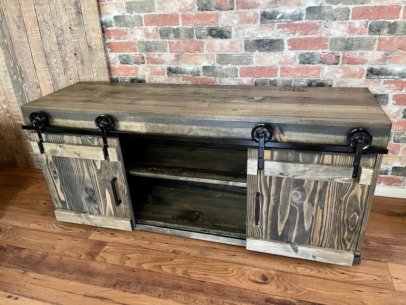 TV Stand Solid Wood Handmade  Minimalist  Drawers Barn Doors Decor Rustic Farmhouse Mid Century Console Cabin Remodeling Cabinet Modern