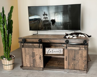Rustic TV Stand: Barn Door Media Console, Dark Brown Finish