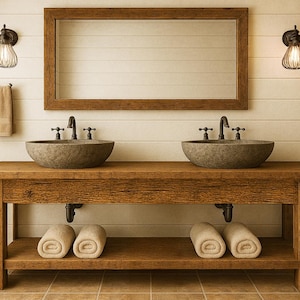 May include: A rustic bathroom vanity with two stone vessel sinks, a large wooden mirror, and two decorative light fixtures. The vanity has a lower shelf with rolled towels. The color palette is warm, with natural wood tones and neutral walls.