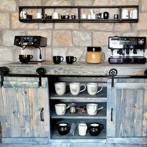 Beach Blue Coffee Bar w/ Sliding Barn Doors. Farmhouse Cabin Mountain Console Cabinet