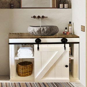 White Farmhouse Modern Rustic Bathroom Vanity with Barn Door.