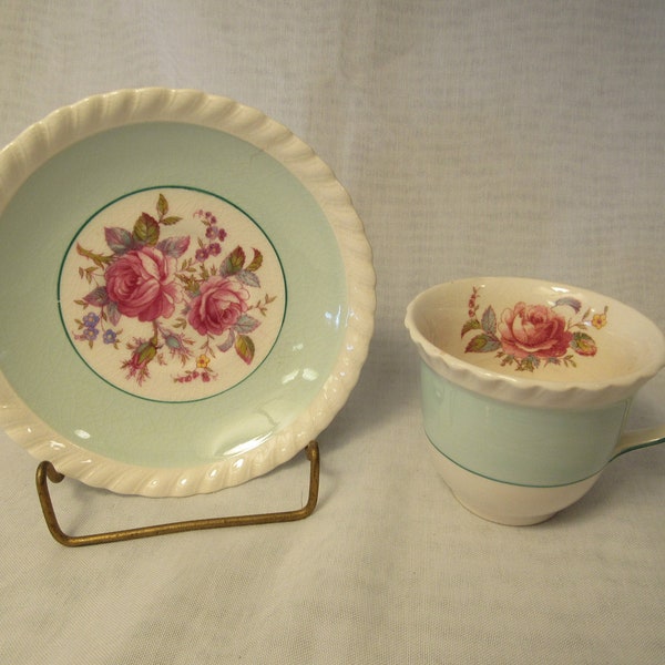 Johnson Brothers Windsor Ware Demitasse Cup & Saucer Green with Red Roses, England