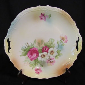 Vintage Hand Painted Handled Reticulated Porcelain Cake Plate - Roses and Narcissus