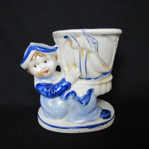 Vintage Dutch Girl Holding Planter - Made in Japan - Porcelain Blue and White Figural Vase