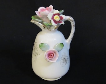 Lefton China Pink with Sponge Gold 3.75” Porcelain Miniature Pitcher with Applied Flower Bouquet