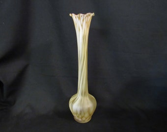 Amber and White Blown Opalescent Swirl Glass Stretch Vase - 12" Bud Vase with Crimped Rim