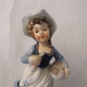 Porcelain Maiden Girl with Basket of Fruit 7.5&quot; Figurine, Hand Painted Delft Blue Style