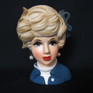 Napcoware 5.5&quot; Lady Head Vase C 8496 Dark Blue Bow and Jacket, Faux Pearl Necklace and Earrings